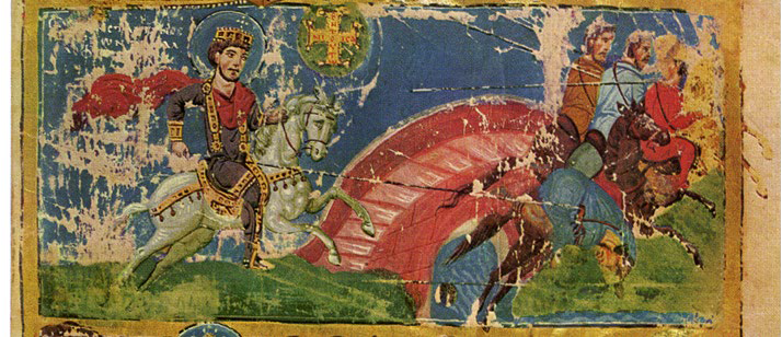 A large man riding a small hors with a bridge and other mounted soldiers in the background. One soldier is falling off his horse.