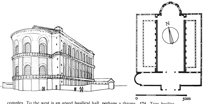 A drawing and a ground plan of the basilica. The ground-plan presents the former cloister.