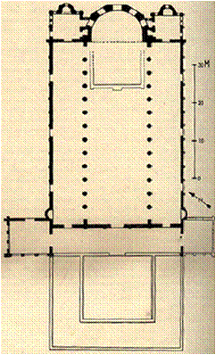 Floor plan of the church showing the nave, narthex, side aisles and apse.