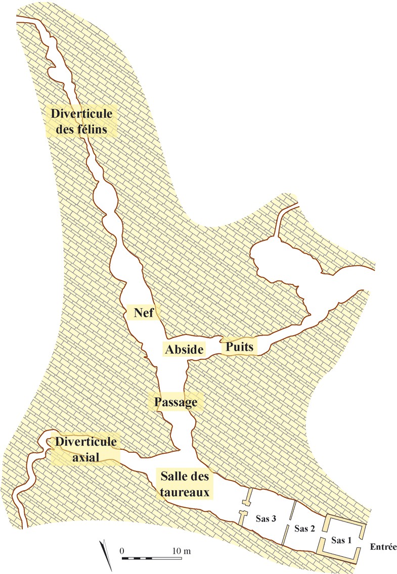 Map of Lascaux cave starting with the entrance then Sas 1, Sas 2, and Sas 3 which are square like rooms, then opening up to Salle des taureaux with the Diverticule axial merging off to the left. Merging off to the right are long tunnels including the Passage, Abside, Puits, Nef, and Diverticule des felins.