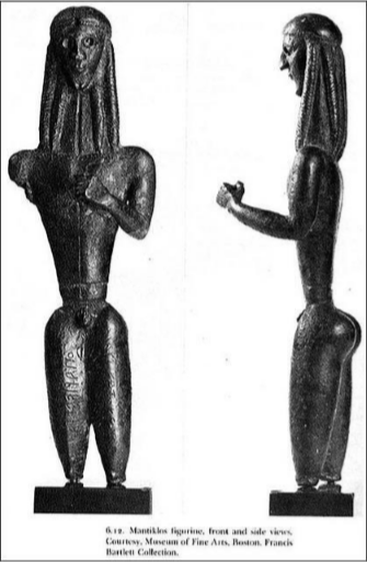 A cast bronze statuette of Apollo with a large head and strong shoulders. His leg muscles are also strong. There is a side and a front view of the statue which is missing one arm and the legs below the knees.