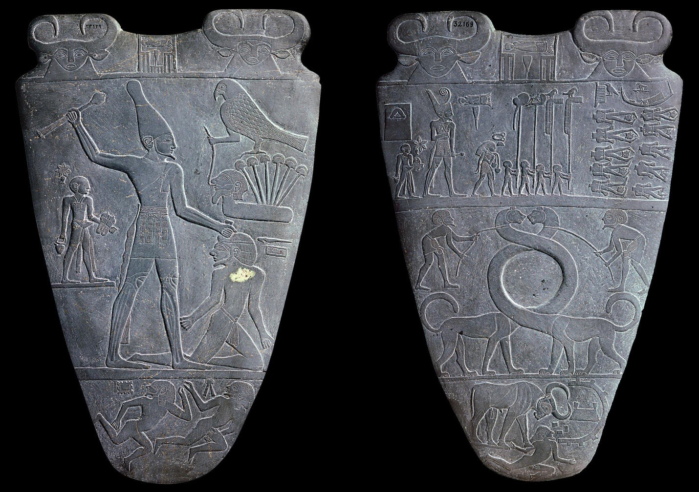 Image of the carved stone, ceremonial Narmer Palette. Further description is in the text.