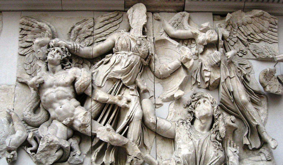 A part of the frieze that contains an image of Nike and Athena. Refer to the text for details.