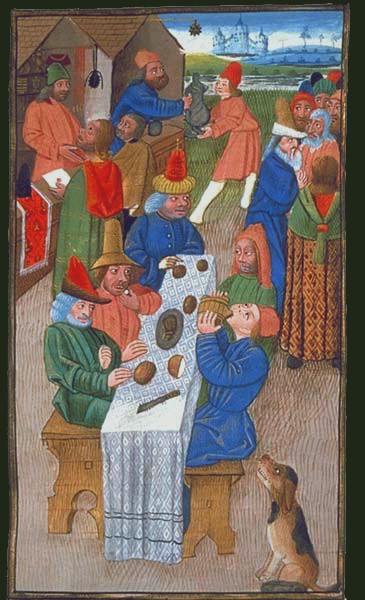 An illustration of well-dressed peasants around a long table.