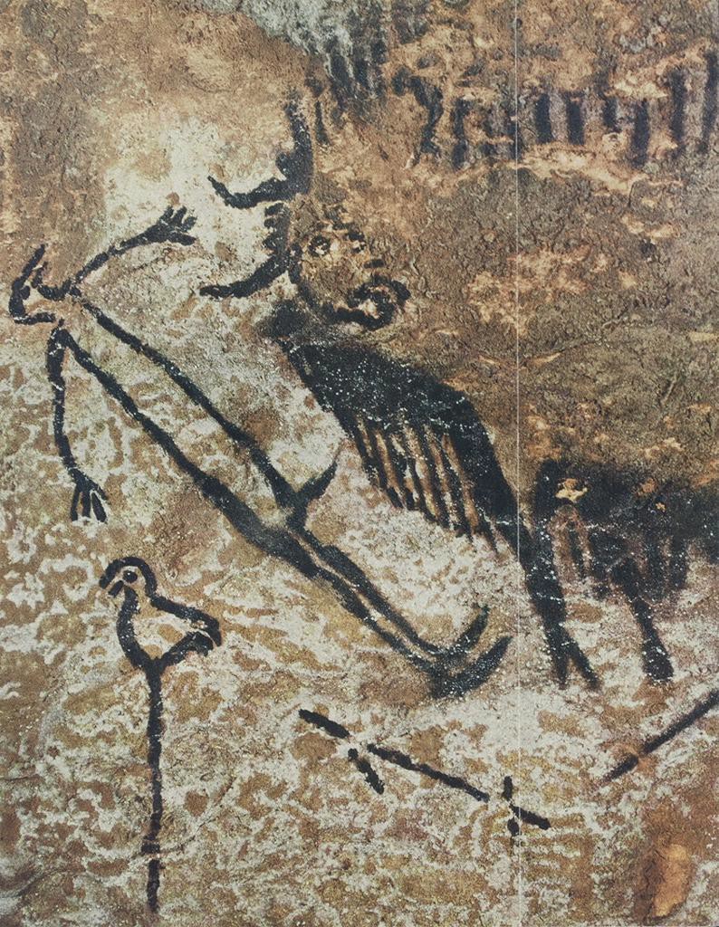 A cave wall painting of a man and a large hooved animal.