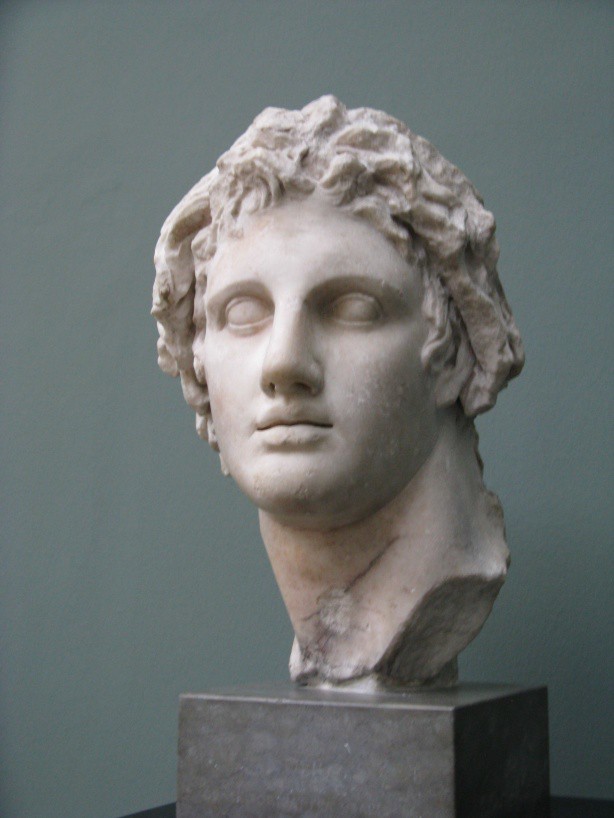 Stone carving of Alexander. It appears to be a cross between his actual looks and an idealized image of him.
