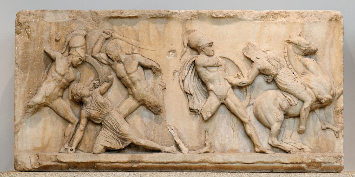 Nude men slaughtering a woman ion the ground and one that is being pulled from the back of a horse.