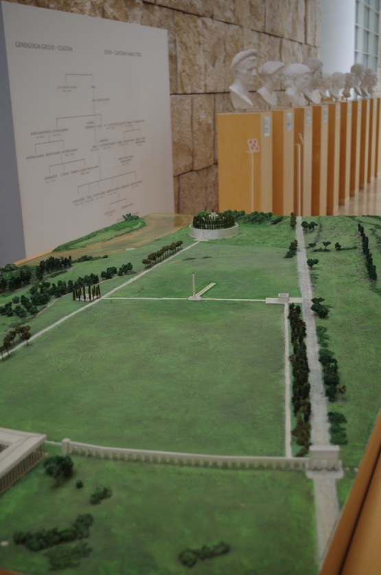 A model of the grounds where Ara Pacis once stood, complete with the obelisk That served as the center of the clock/calendar.