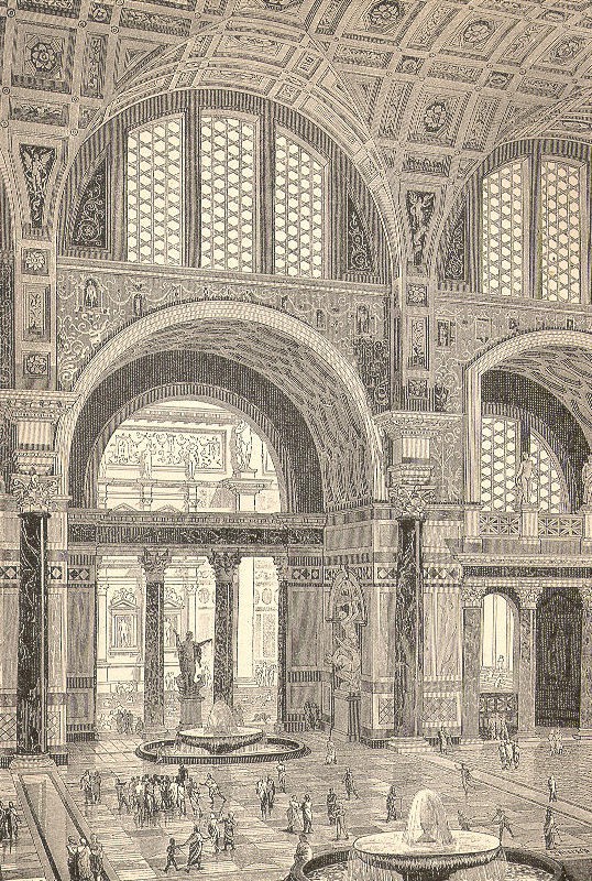 A drawing of the huge, elaborate bathhouse that includes stacked arches which allow extra light to come into the building.