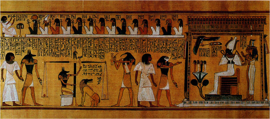 An image of the colorful scroll of Hunefer’s Book of the Dead. The scene depicted is of the weighing of the heart and the approach to Osiris. Many gods attend.