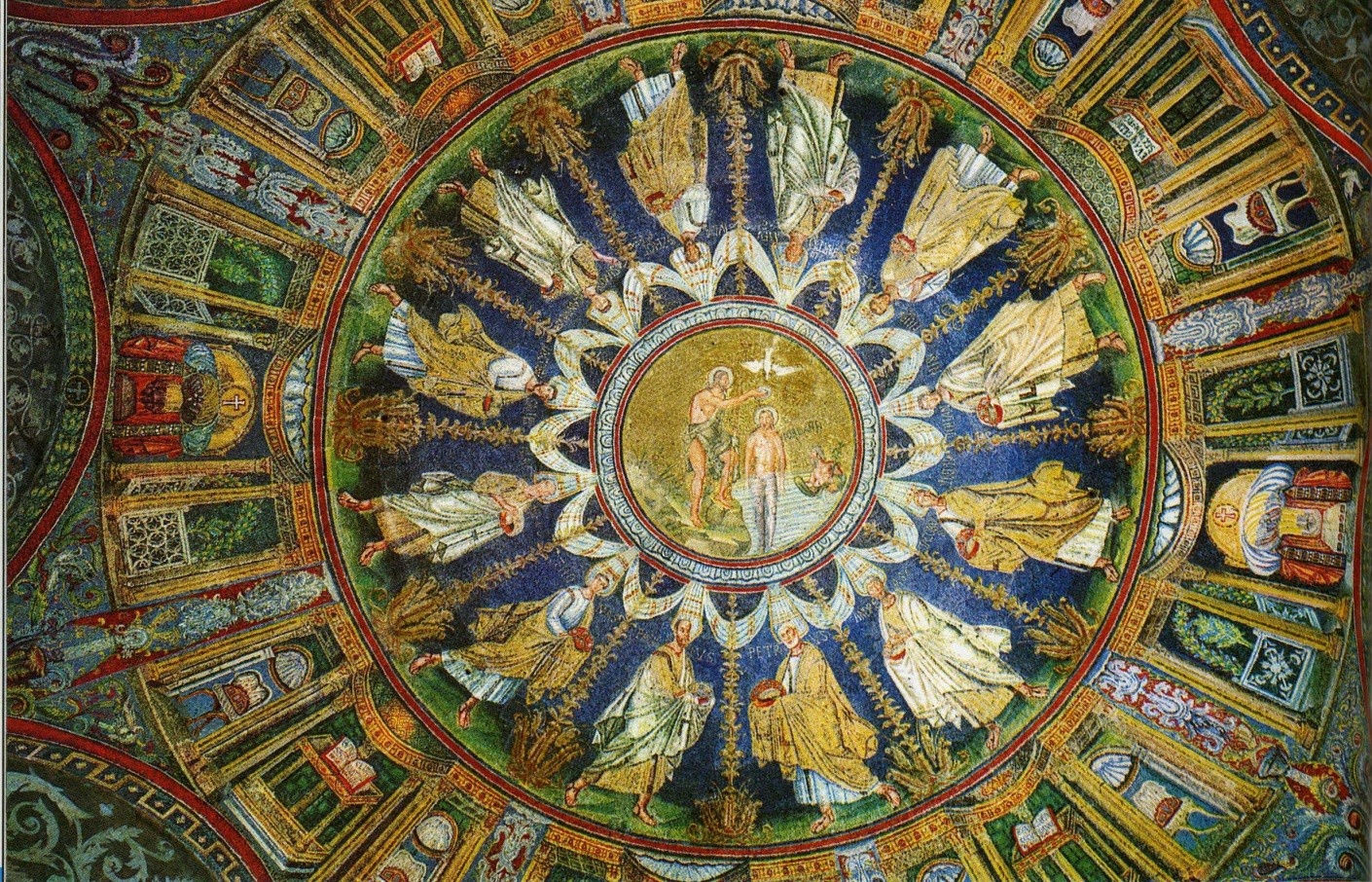 A close-up view of the ceiling mosaic. In the center John Baptizes Jesus in a stream. Saints radiate around them.
