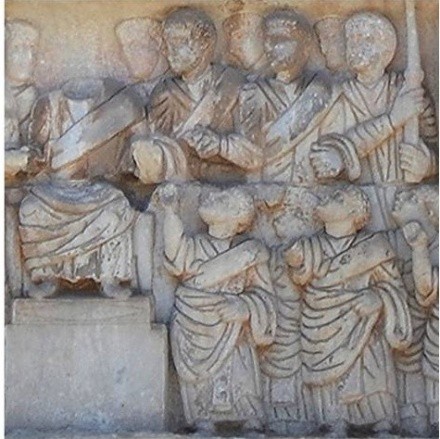 A bas relief of men clamoring for the attention of Constantine.