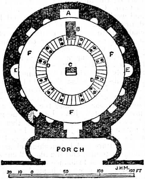 Ground-plan of a round building with a porch and an ambulatory around a central area.