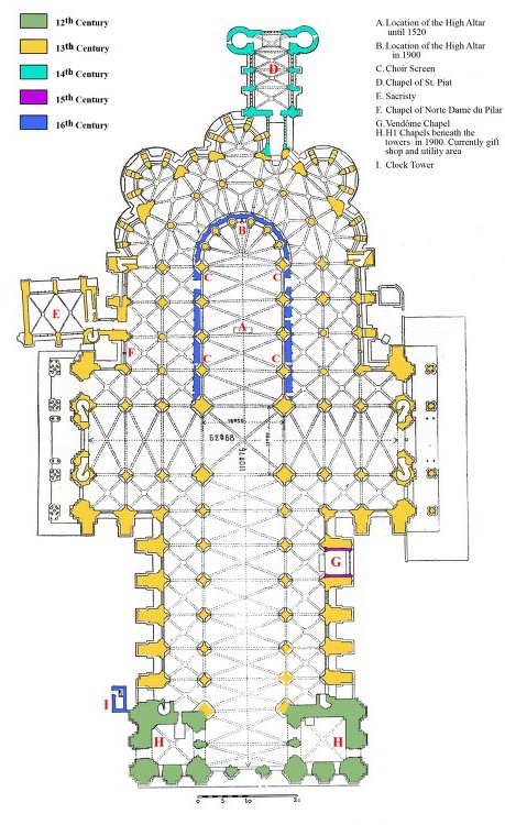 A ground-plan demonstrating the aisles and chapels of the church and identifying the time period that each part was built during.