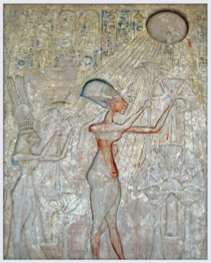 A carved portion of a wall from Akenaten’s temple. Once painted, the image depicts the king making an offering to the sun. His smaller wife and children stand behind him.