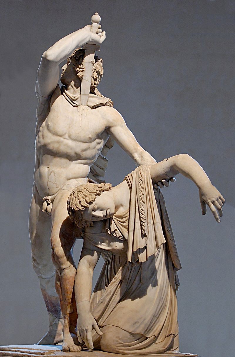 A photo of the carved figures of a Gaul killing his wife. He is ideally proportioned and nude while she is fully clothed.