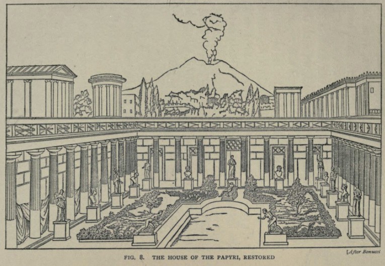 A drawing of a library as it would have looked before the explosion. There is a central courtyard with a pond and garden and a portico surrounding it. Statues line the edges.