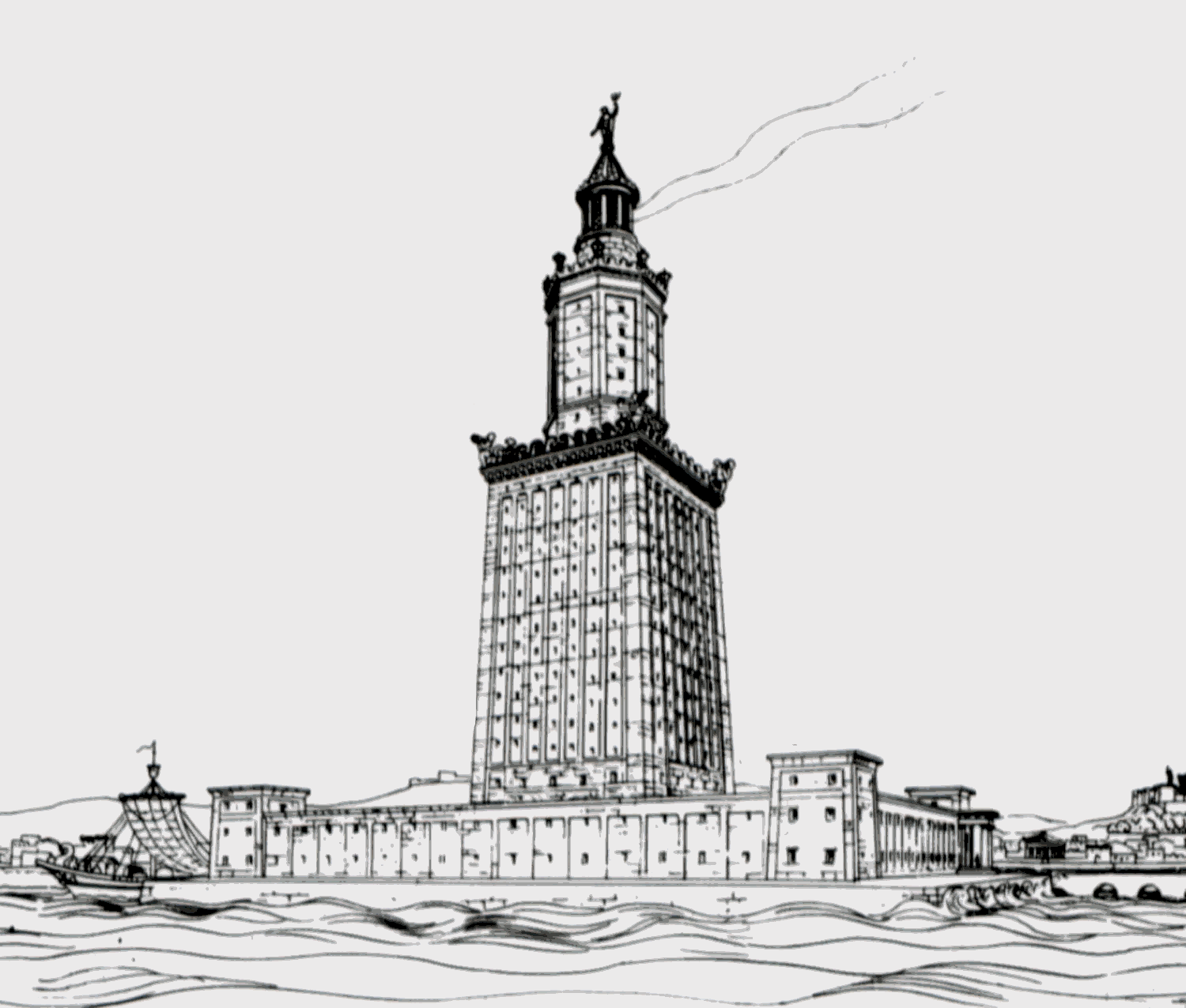 A drawing of a large lighthouse with a protective wall around it and a figure on the top.