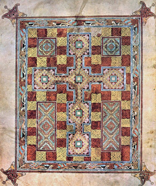 An illuminated page that resembles a rug pattern based on a cross.
