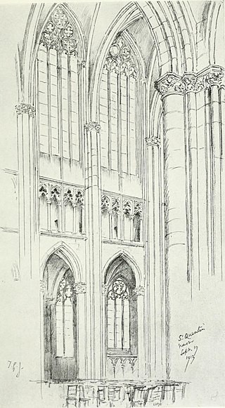 A side view of the aisle, gallery and tall clerestory windows of a Gothic church.