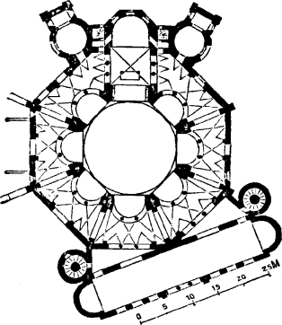 An octagonal ground-plan with a narthex and three additional extending areas. There is an ambulatory around the area under the central dome. Refer to the text for details.