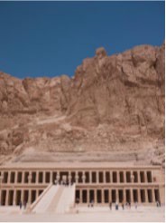 Hatshepsut’s temple with square pillars, three stories, a huge ramp and a flat roof.