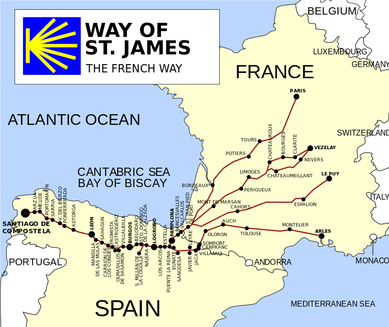A map of Spain and France depicting the common route for pilgrims from French cities to Santiago in Western Spain.
