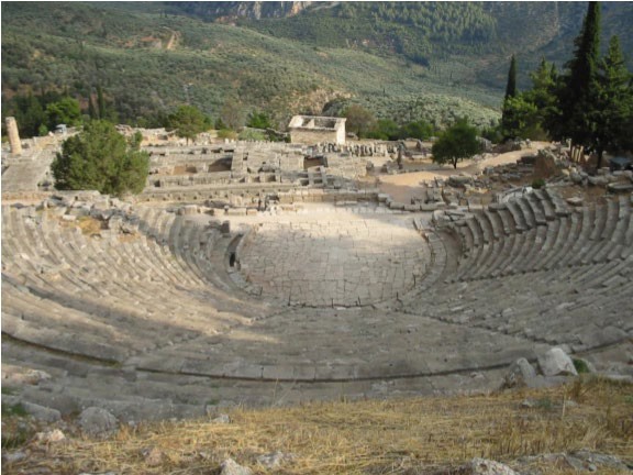 A view of a theater from above, demonstrating the central positioning of the orchestra.
