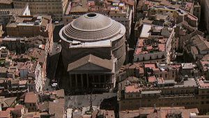 A bird’s eye view of the Pantheon demonstrating the round drum that makes up the walls of the building and the dome that tops the walls.