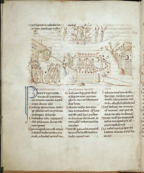 A page with the older writing style and an illustration of a castle.