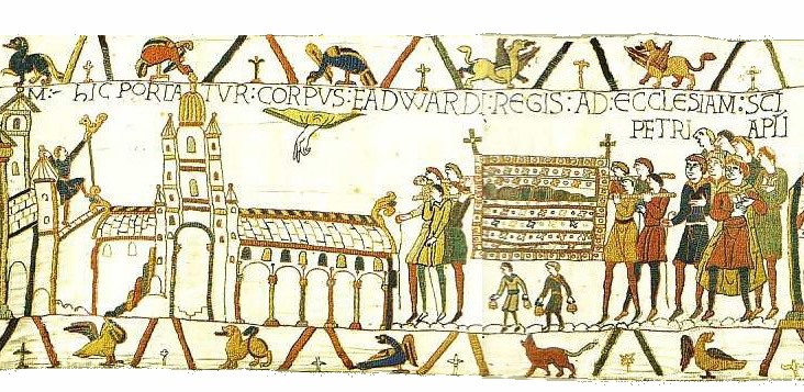 A view of the burial procession of Edward. The church is small so that it fits in with the image. A huge hand reaches down from the heavens to bless the king. People’s size depends on the duties they perform for the ceremony.