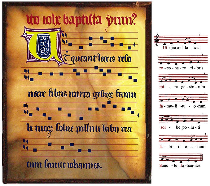 A hymn written in Guido’s notation. It is similar to modern musical notation.