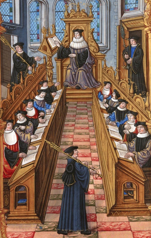 An illustration of men sitting at a long table on each side of an aisle. At the end of the aisle is a teacher.