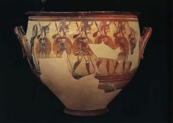 A large pot with marching warriors painted on the surface. They are emblematic, rather than realistic.