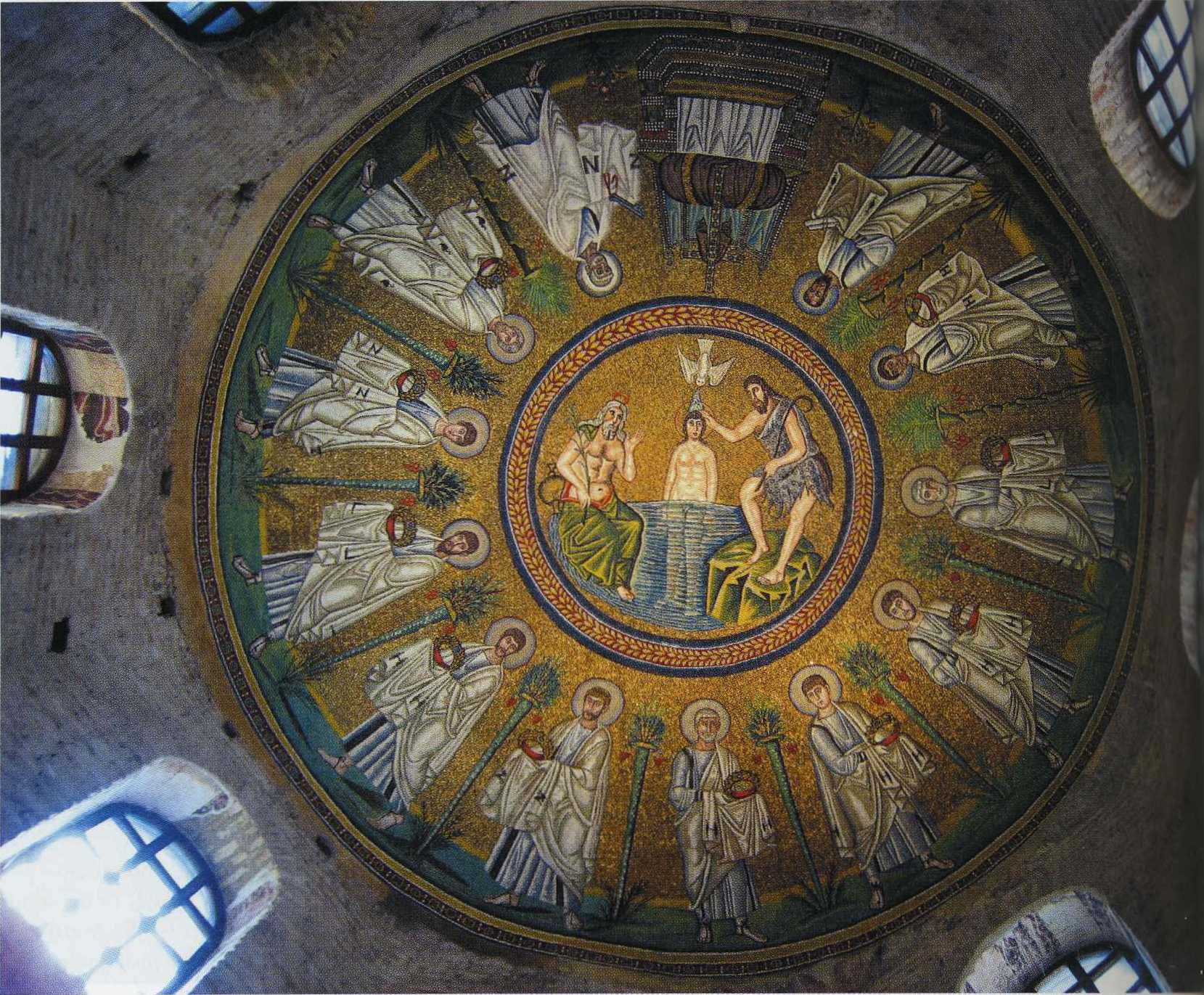 In the center is a sedate image of Jesus being baptized by John as an older bearded man with a halo looks on. Around them are saints in a wheel pattern but the saints are less active than those in the Orthodox Baptistry.