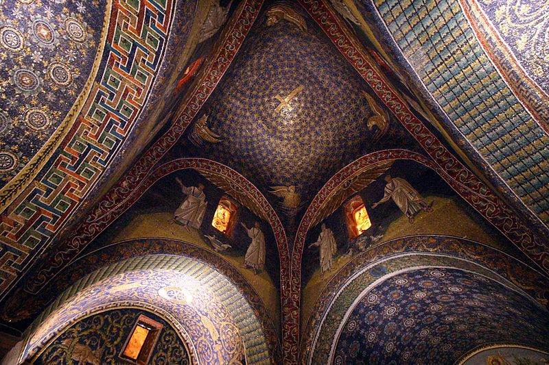 A dome sparkling with gold stars and golden angels in the corners. In the center is a gold cross.