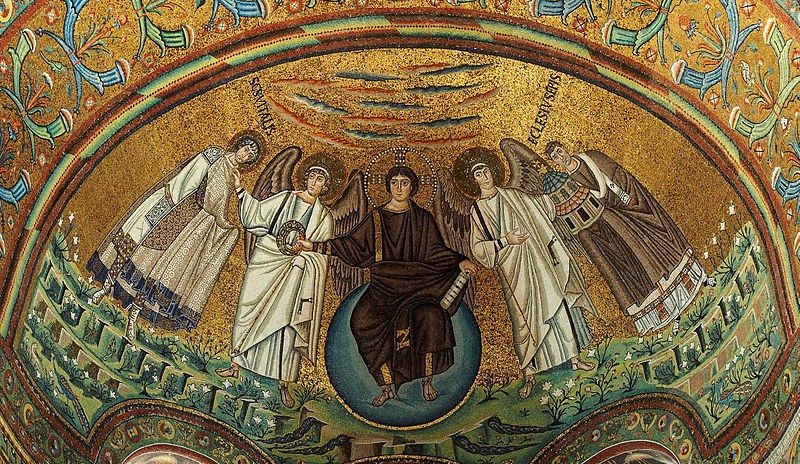 A young man sitting on a globe with an angel on each side. A man stands slightly behind each angel.