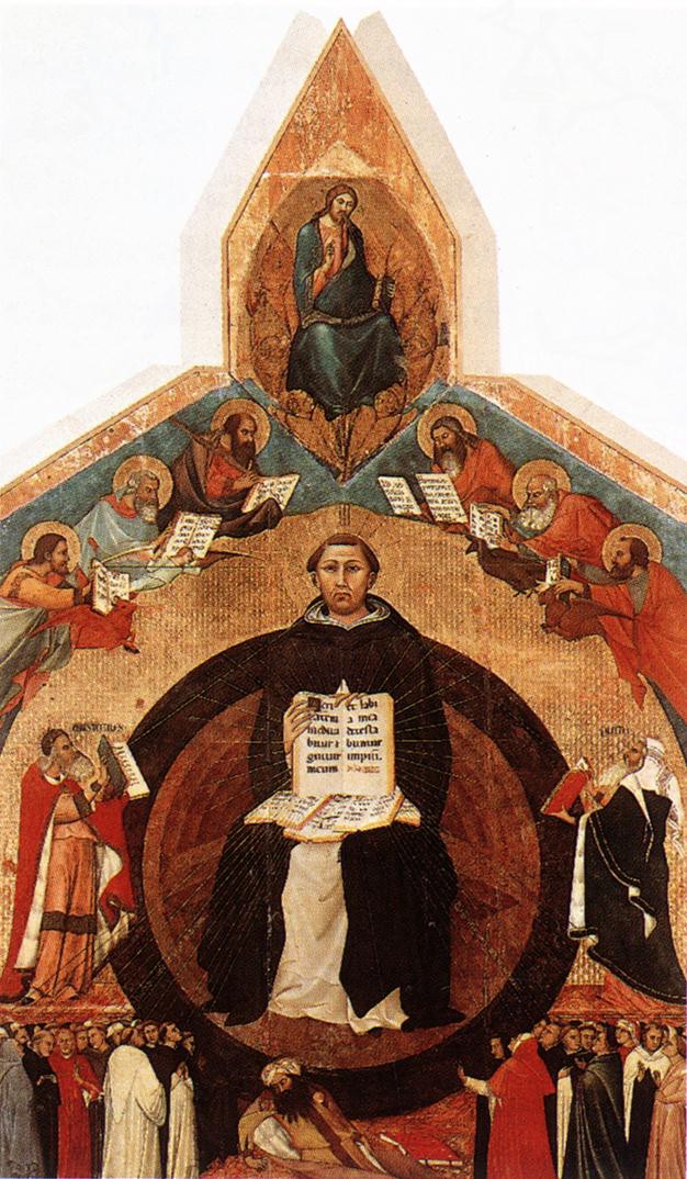 An illustration of a man seated with manuscripts on his lap. He is surrounded by smaller figures, some with haloes, also reading manuscripts.