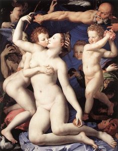 Naked bodies display curved lines while other harsher lines provide contrast.