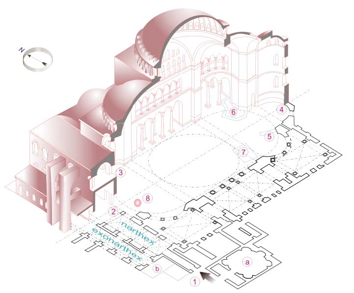 A view of the interior of the building as if cut in half. This sits on a ground plan.