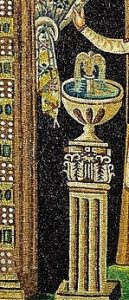 The mosaic of a baptismal fountain that is part of Theodora’s scene in San Vitale.
