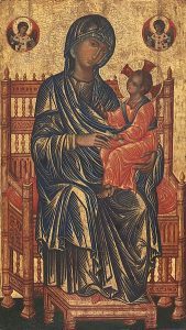 An image of Mary with child that defies traditional perspective, making it appear flat.