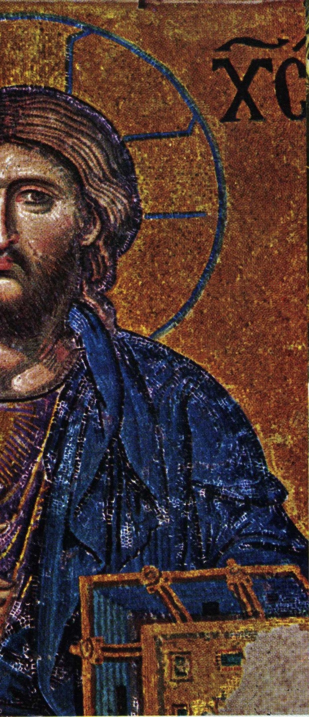 This image compares a black and white version to the colored version of the Pantocrator.