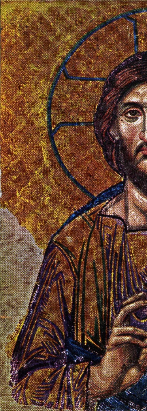 This image compares a black and white version to the colored version of the Pantocrator.