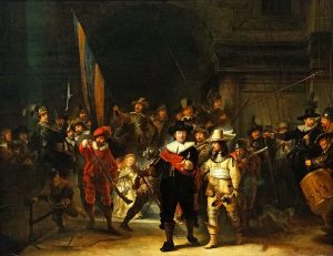 A dark painting with lots of shadows that make the background unclear. Refer to the text for details.