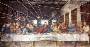 An image of Da Vinci’s Last Supper that includes lines clarifying the use of perspective in the design. Refer to the text for details.