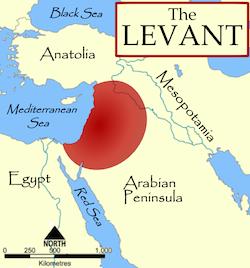 A map of the Middle East demonstrating the Levant’s position next to the Mediterranean.