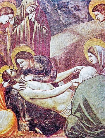 A detail from a painting showing a woman with a halo holding the body of Christ, also wearing a halo.