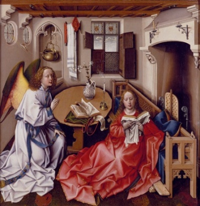 A painting of an angel visiting Mary, dressed in red satin.