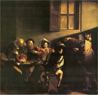 A painting of men in a bar being visited by other men while golden light streams into the space.
